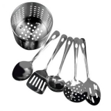 Conjunto de Utensílios 6 Peças em Inox 22cm, Acompanha Suporte, Concha Feijão, Concha Perfurada, Colher Arroz, Espátula e Espumadeira – Gourmet Mix